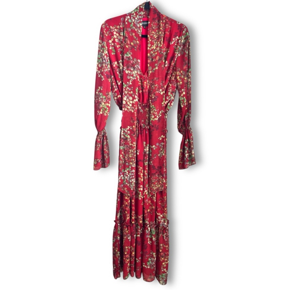 Wolf & Badger Bluzat Long Sleeve Smocked Waist Red Floral Midi Dress like New